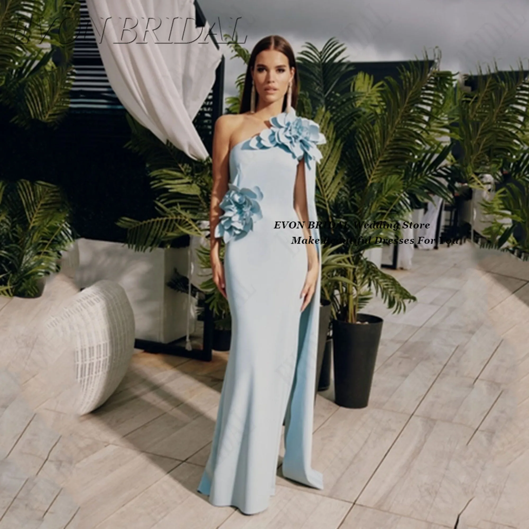 

EVON BRIDAL Elegant Fishtail Wedding Guest Dress 3D Flowers One Shoulder Evening Dresses Floor-Length Party Prom Dress Customize
