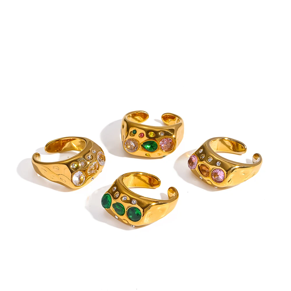 TD Fashion Offener Ring aus Edelstahl mit farbigem Zirkon-Einleger, 18K vergoldet, geometrisch, wasserdicht – Detail 1