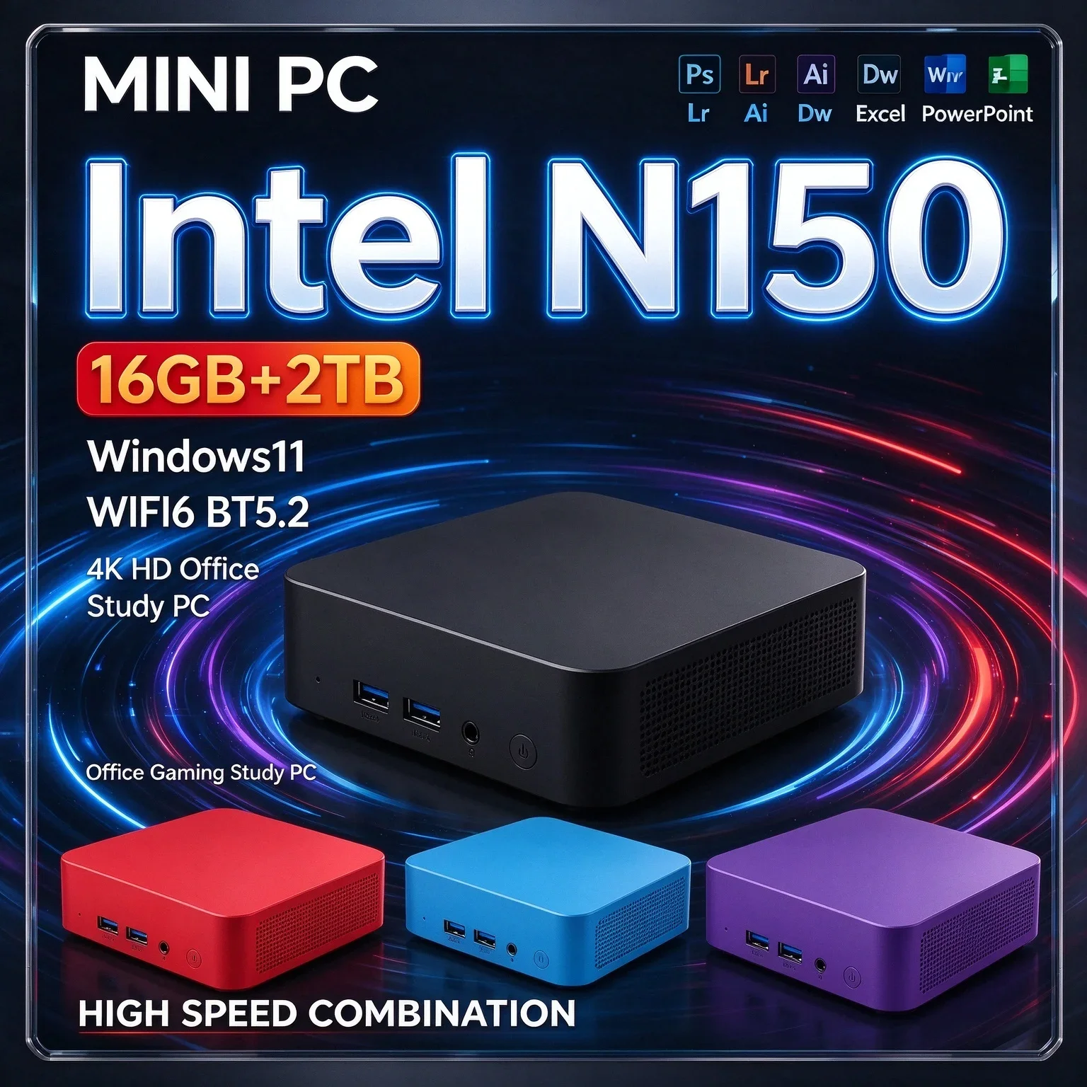 Daily Business Home Mini Desktop Computer Intel N150 Windows11 16GB RAM 1TB 2TB SSD WiFi 6 BT5.2 Multicolor Small Mini PC