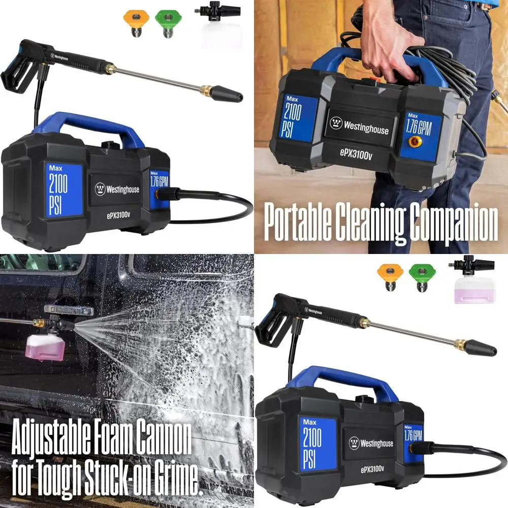 

Электрическая мойка высокого давления 2100 PSI, 1.76 GPM, с портативной ручкой, съемной насадкой, стальной насадкой-удлинителем, набор из 3 насадок для автомобилей и поверхностей