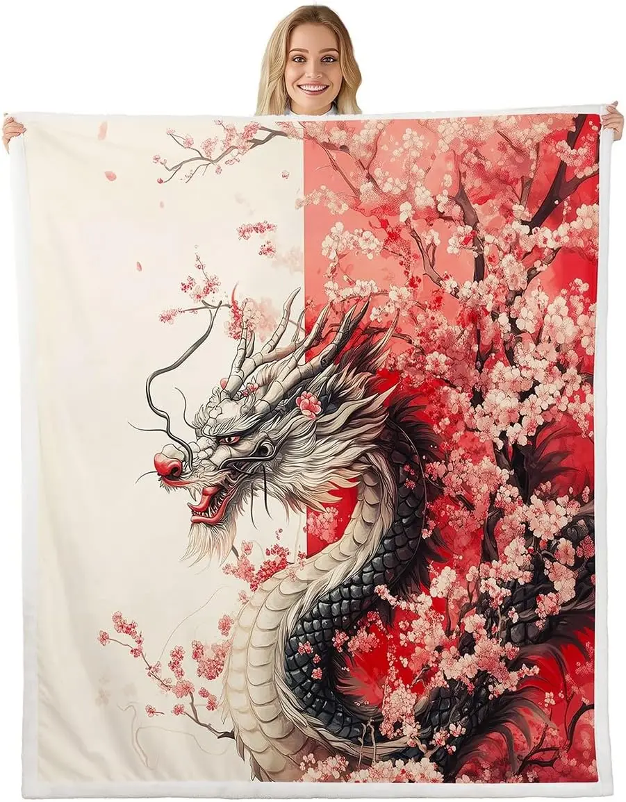 Girls Dragon Fleece Blanket Twin Size, Japanese Style Animal Fuzzy Plush Throw Cherry Blossoms Sakura Sherpa Blanket Ancient