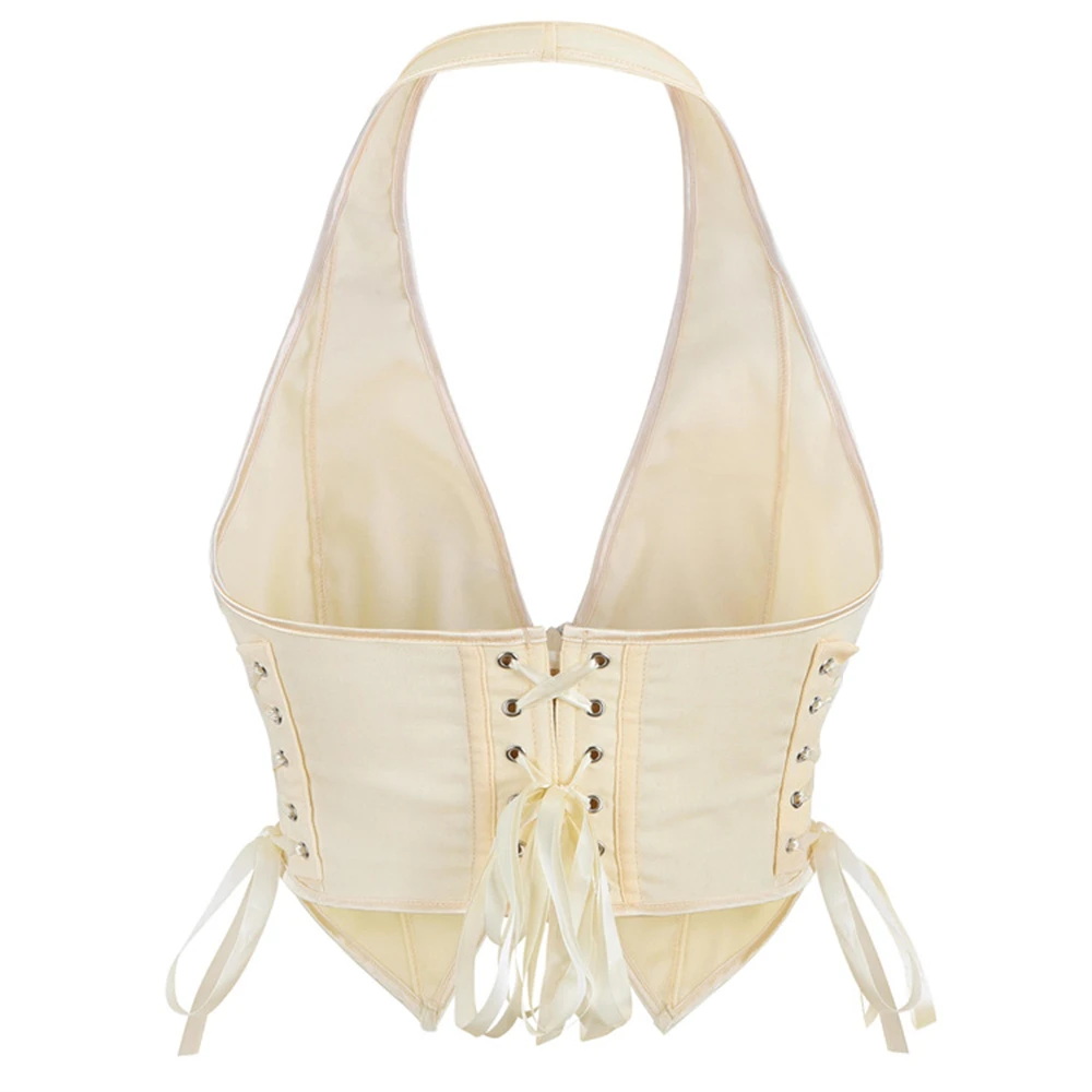 Sexy Fashion Corset Vest Women Halter V-Neck Off Sleeves Backless Bustier Tank Top Retro Front Zipper Camisole Streetwear