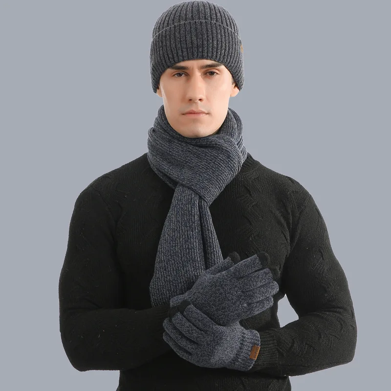 Unisex Autumn and Winter Simple and Atmospheric Solid Color Knitted Thick Outdoor Warm Hat Scarf Gloves Three Pieces Cap Scarves