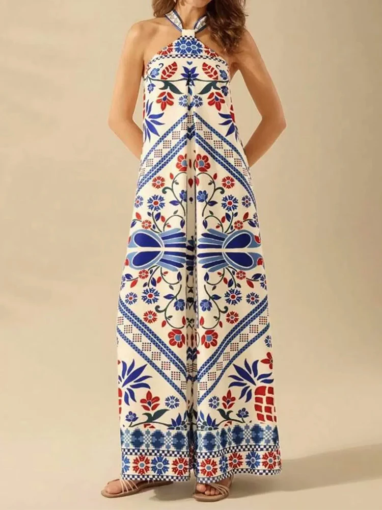 

Elegant Off Shoulder Pattern Print Vintage Romper Casual Hight Waist Long Playsuit Fashion Wide Legger Sleeveless Party Jumpsuit