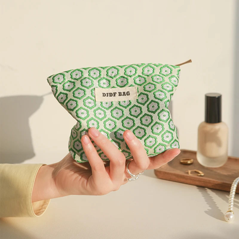 Cosmetic Bag Women\'s Small Green Window Flower Portable Coin Purse Cosmetic Lipstick Air Cushion Storage Bag Commuter Clutch Bag