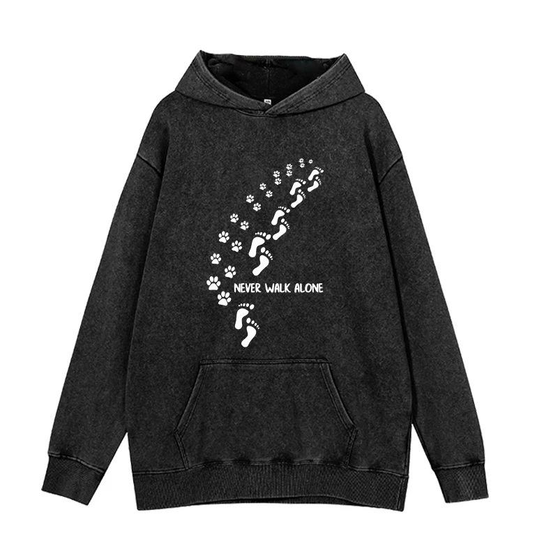 Women's black hooded sweatshirt LOVE cat paw pattern round neck print men's and women's street retro loose street sportswear