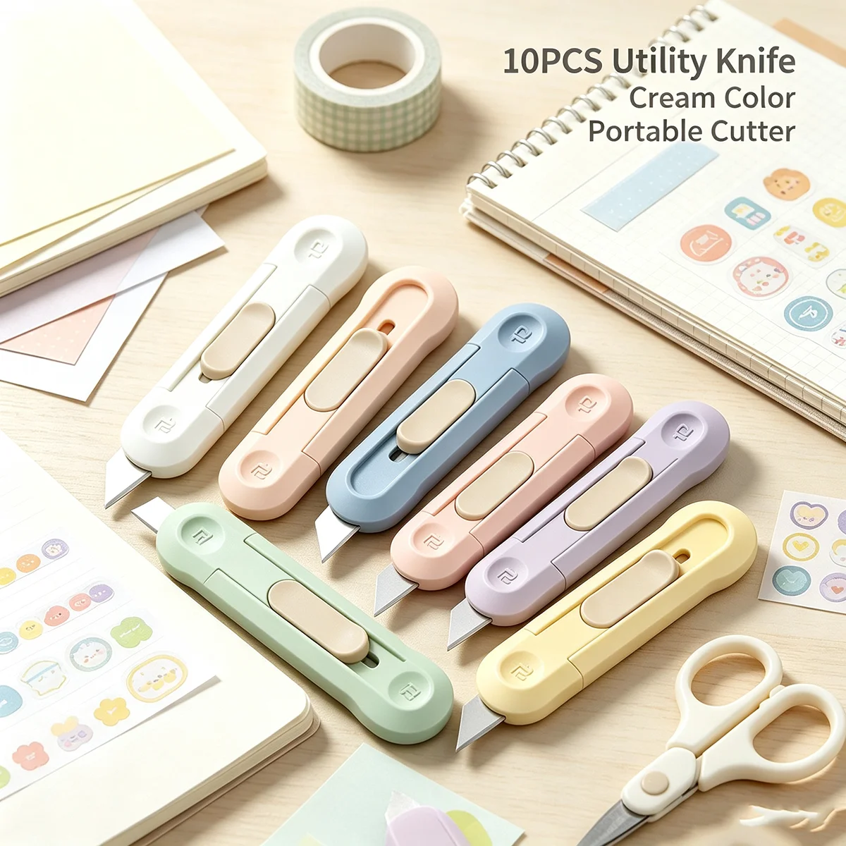 10PCS Mini Retractable Box Cutter Set, Random Color Cute Pastel Utility Knives & Portable Pocket Letter Openers, Small Package Unboxing & Craft Tools for School Home