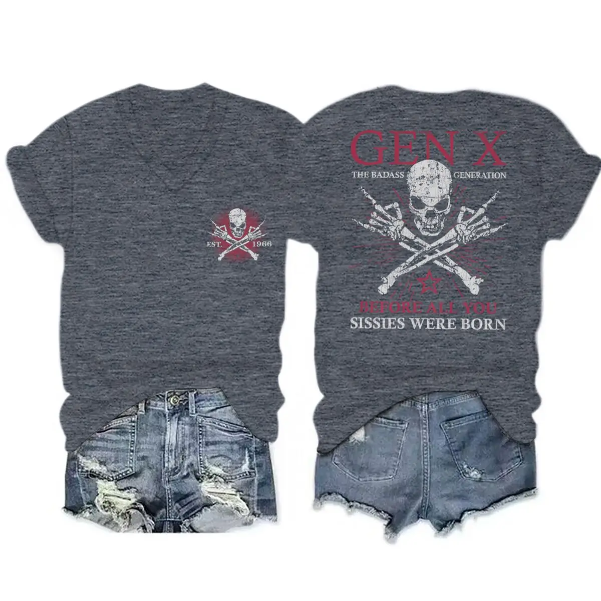 Men Women Vintage Gen X 1965 To 1980 Print The Badass Generation Raised By Skulls Tshirts Cotton V Neck Generation X Shirt