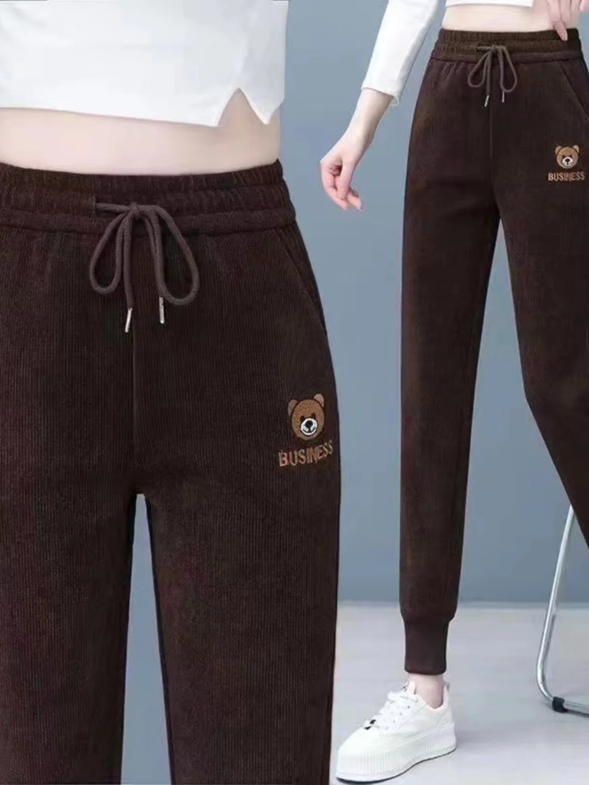 

Женские осенне-зимние модные повседневные брюки свободного кроя с высокой талией, на флисовой подкладке, с карманами, в корейском стиле, длинные