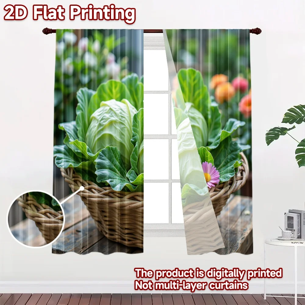 2D flat 2pcs Curtain French Romantic Style Cabbages in Wicker Basket Digitally printed polyester, colorfast Party & Holiday