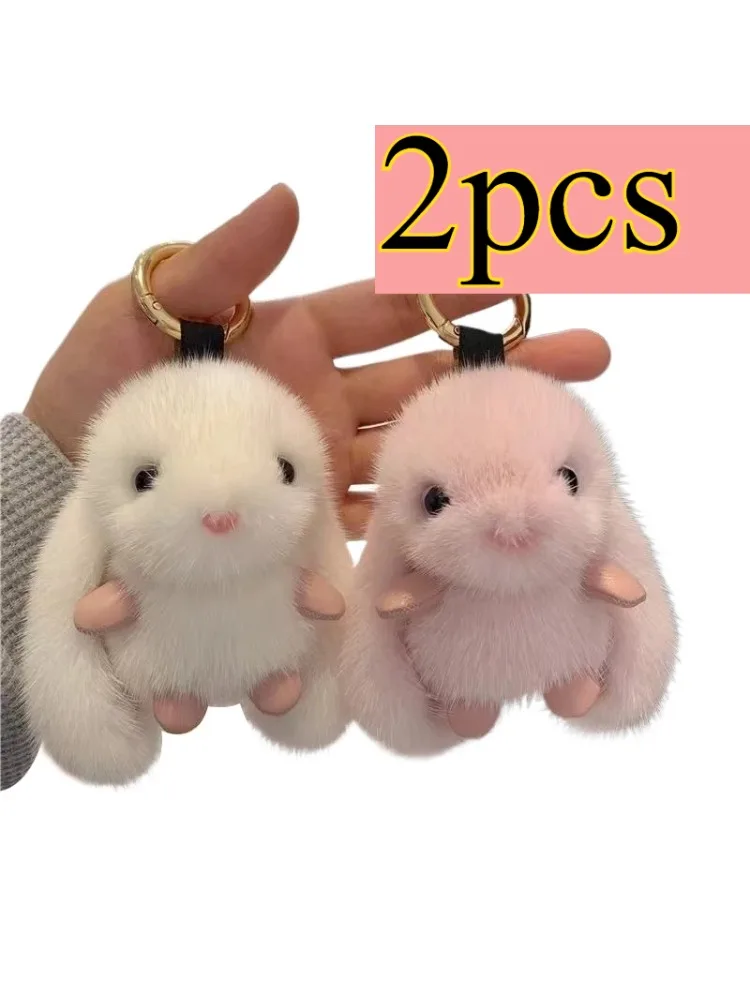 2 stuks schattig konijn sleutelhanger ring pluizig bont pompon konijntje trinket sleutelhanger charme sleutelhanger op tas autosleutel hanger cadeau voor meisje - afbeelding 2