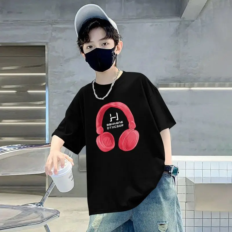 

New Summer Boys Cotton T-shirt with Headphones For Tweens Child Tie Dye Print Short Sleeve Tshirt School Kids Causal Tee Tops