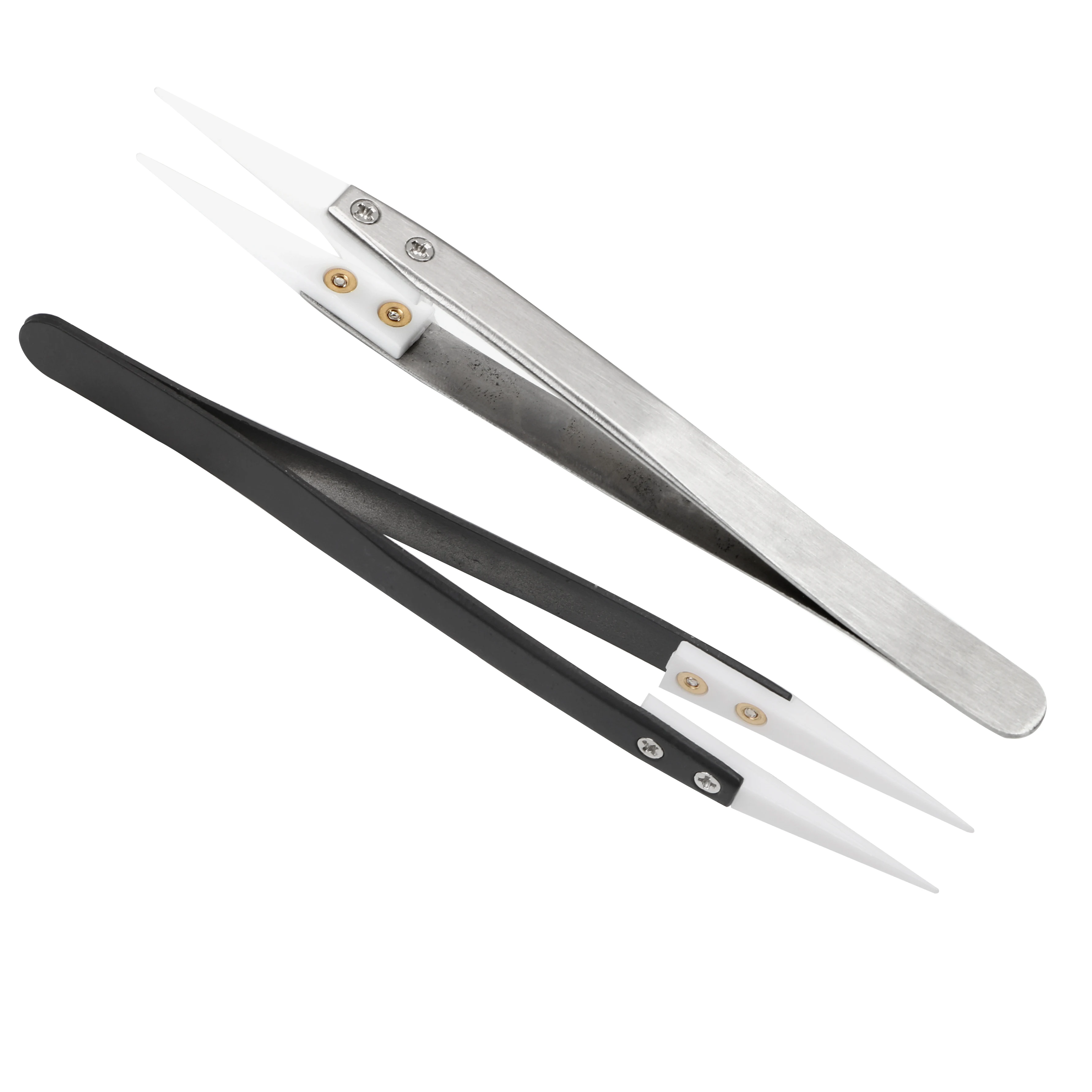 Stainless Steel Handle Straight Aimed Tweezers Precision Ceramic Tips Tweezers Anti-static High Temperature Resistant