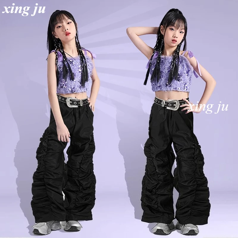 Girls Jazz Dance Outfit Sweet Purple Sling Tops Black Pants Hip Hop Costume Kids Street Performance Clothes Childrens Stage Wear