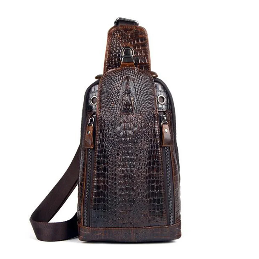 High Quality Real Leather Men Messenger Shoulder Cross body Bag Oil Wax Cowhide Travel Crocodile Pattern Sling Chest Back Pack