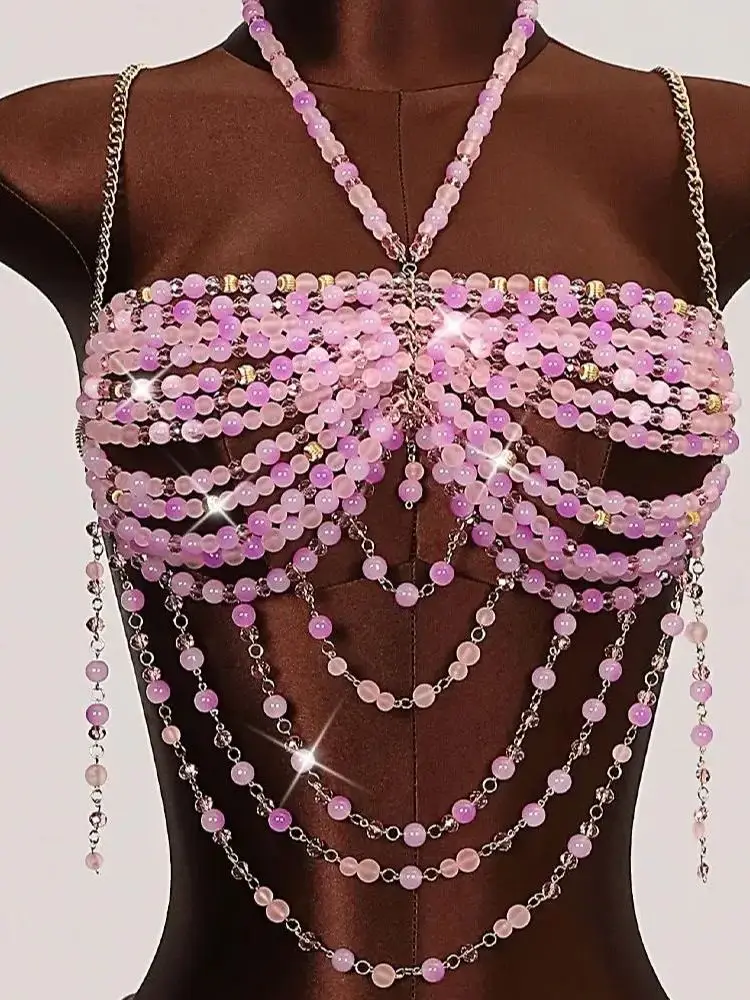 RJ Fashion Sexy Metal Acrylic Neck Body Chain Pastel Pink Beads Halter Dress Masquerade Stage Party Jewelry Accessories