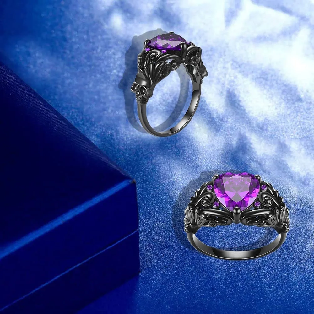 الجمجمة القوطية خواتم القلب الأسود الحب الأحمر الأرجواني كريستال زركونيا عيد الميلاد عيد الحب المشاركة النساء المجوهرات #3