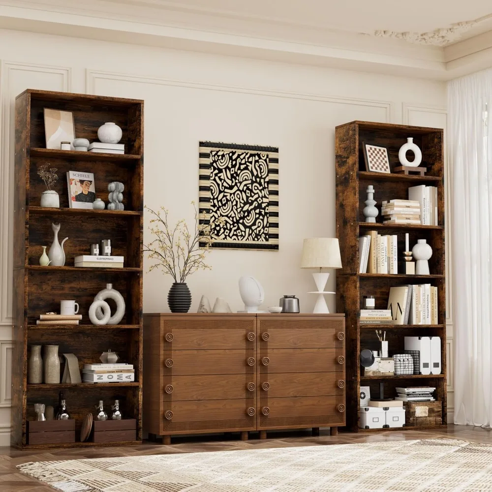 Pair of 6-Shelf Tall Bookcases for Home and Office, Vintage Brown Finish