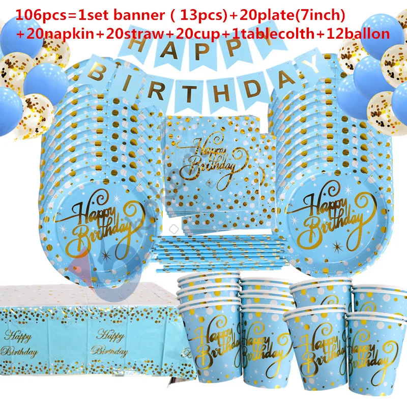 Happy Birthday Bronzing Gold Blue Disposable Tableware Sets Paper Napkins Plates Adult Birthday Party kids Baby Shower Decor