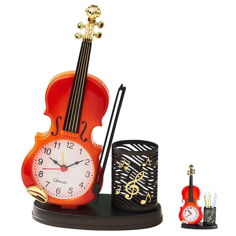 Violin-Shaped Table Clock with Built-in Pen Holder – Desktop Decor for Home, Office, Study Room, Shelf, Mantel
