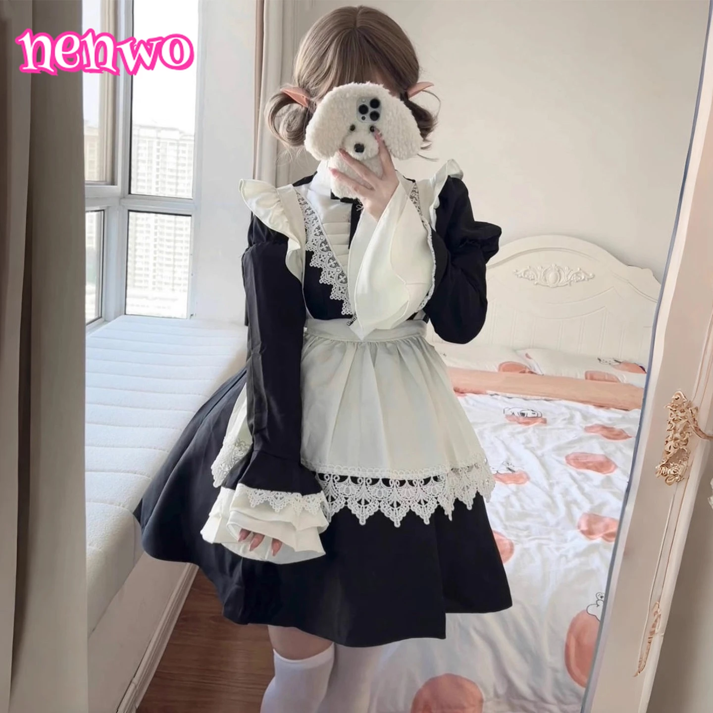 

Большой размер Лолита монахиня темно-готическое платье с оборками и круглым вырезом для горничной для девочек на Хэллоуин, косплей, трапециевидные платья Kawaii с высокой талией
