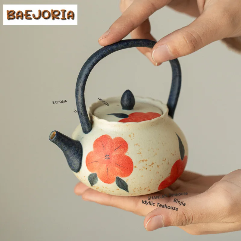 Blue And White Loop-handled Teapot Hand-painted Peach Blossom Tea Infuser Pot Tea Soaking Kettle With Ball Hole Teaware crafts