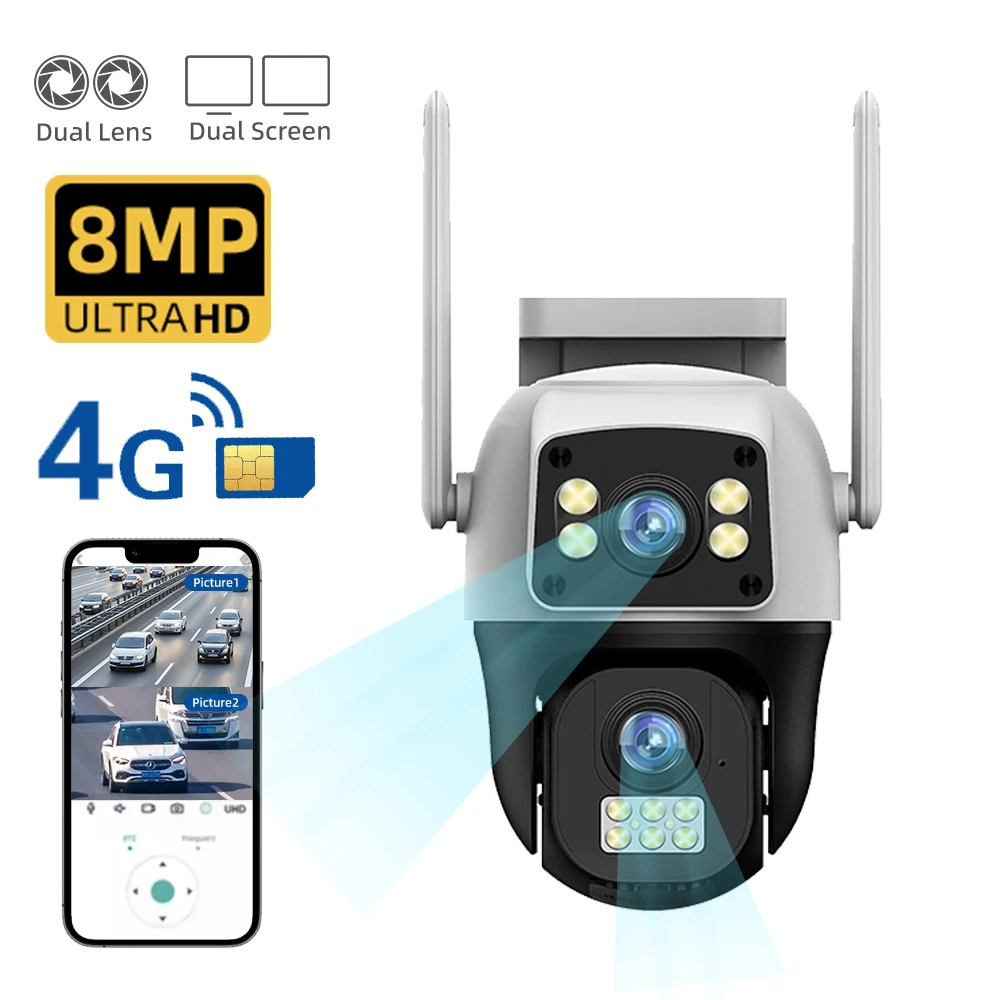 

4K 8MP 4G Sim Card Camera Dual Lens Dual Screen Wireless WiFi Outdoor Surveillance AI Human Detect Security Protection PTZ IP Ca