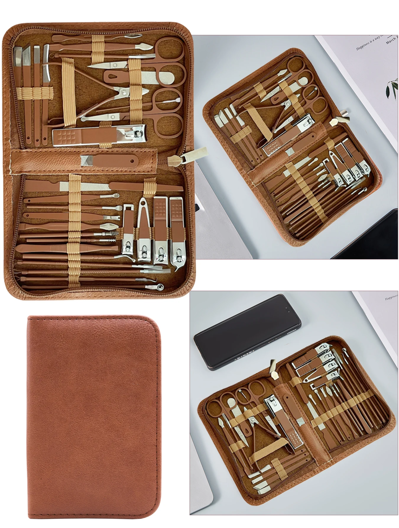 Nuovo set tagliaunghie da 32 pezzi marrone Set manicure strumento per la cura del piede tagliaunghie set tagliacapelli per sopracciglia con borsa da viaggio portatile con cerniera