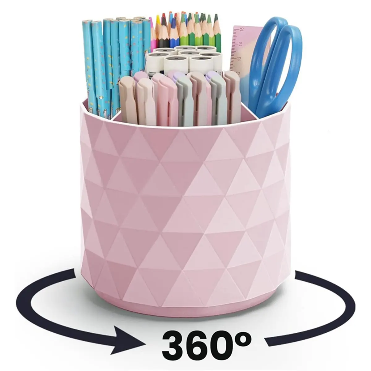 【~ NEW A01R】360°Rotatable Pen Holder , 5 Girds Cute Pencil Storage Box Makeup Brush School Stationery Supplies Pink
