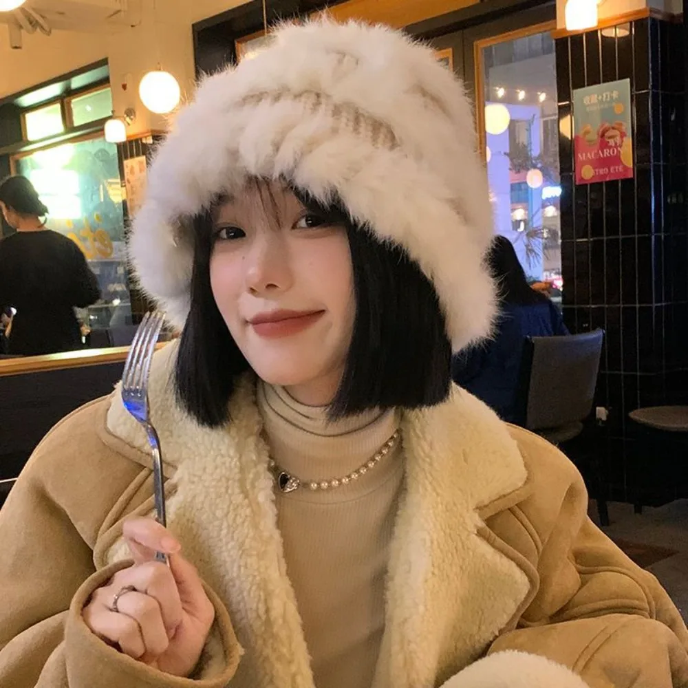 Cozy Touch Polyester Fiber Bucket Hat Thick Knit Lined Winter Hat Warm Soft Wide Brim Earflap Cap Women