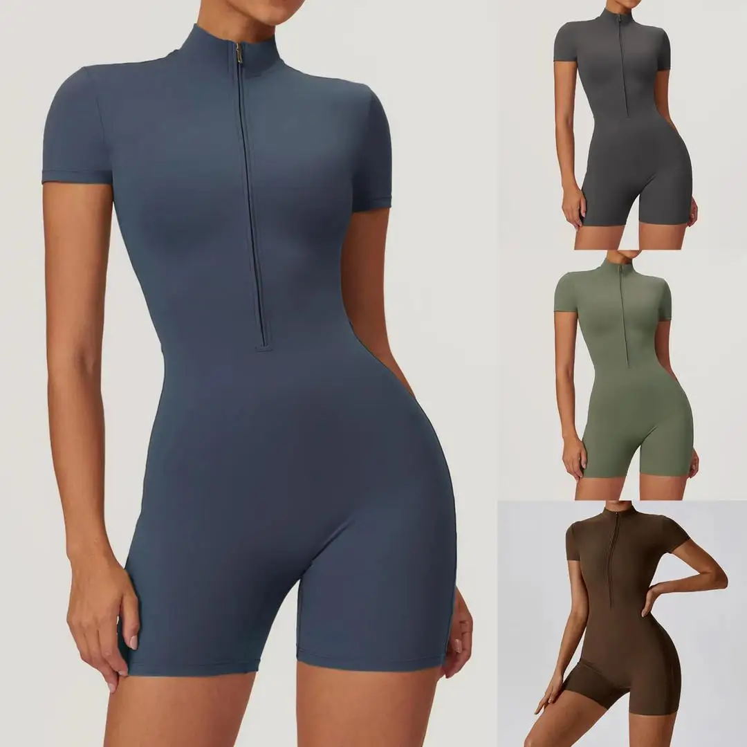 B Summer Short Sleeve Zipper Jumpsuit Sports Wear Gym Fitness Sports Bodysuits Women Running Fashion Workout Clothes
