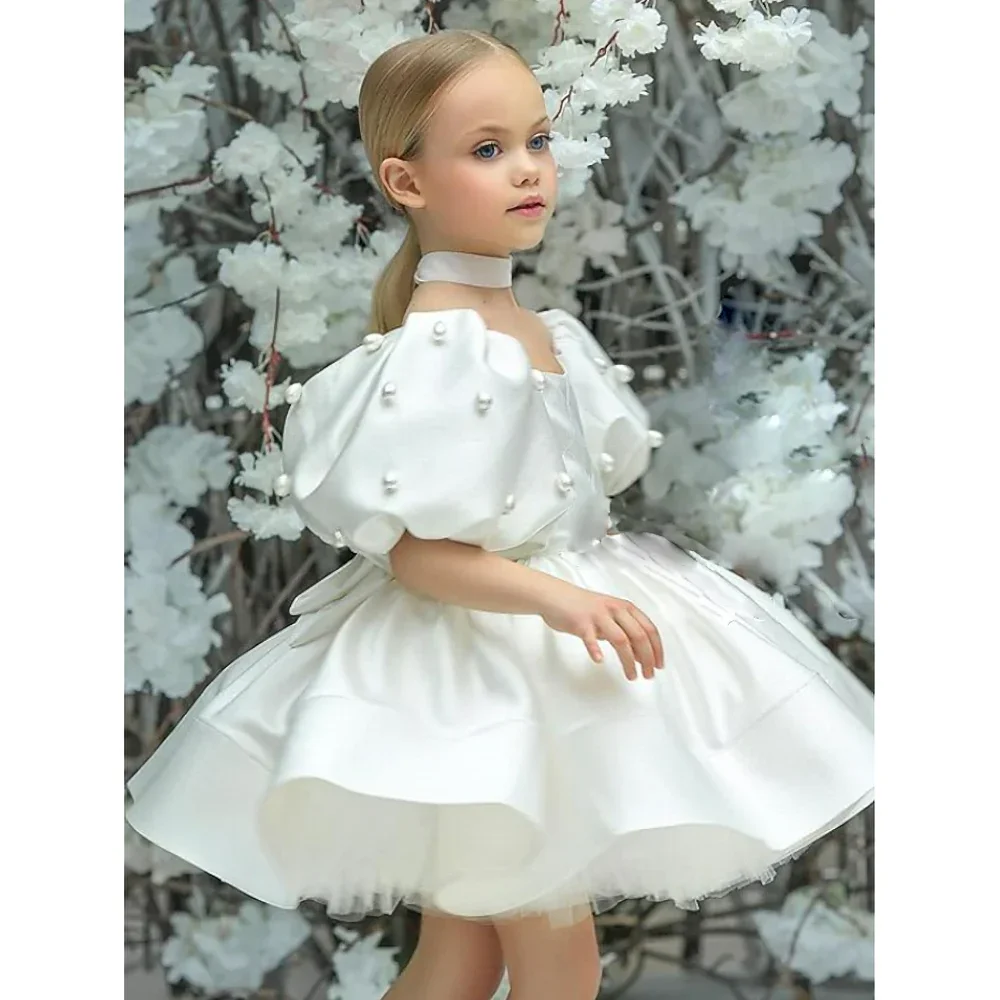

Fashion Square Collar Satin Girl Dresses with Pearls Elegant Puffy Short Ball Party Gowns First Communion Christmas Dresses