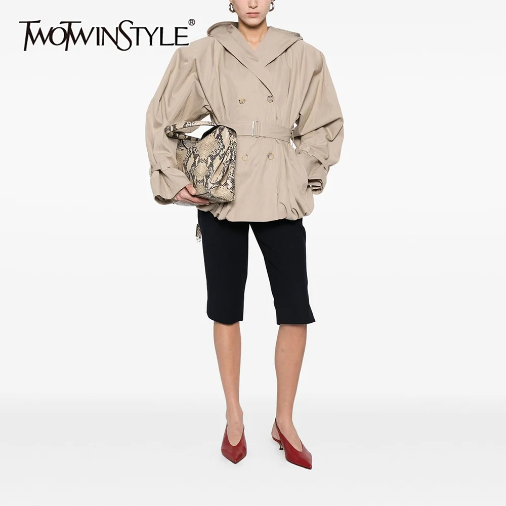 TWOTWINSTYLE Streetwear Hooded Double Breasted Trench Coat for Women Long Sleeve Belted Waist Short Windbreaker for Daily Wear