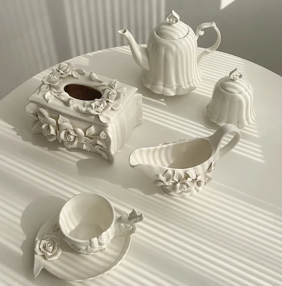 Vintage relief ceramic coffee set, hand-squeezed camellia afternoon tea set, tissue box, creative gift.