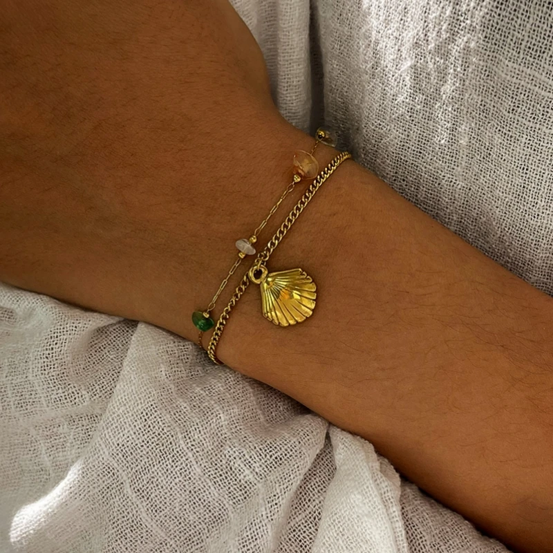 

Ailodo Multilayer Stainless Steel Shell Bracelet For Women Colorful Natural Stone Summer Beach Bracelet Fashion Jewelry Gift