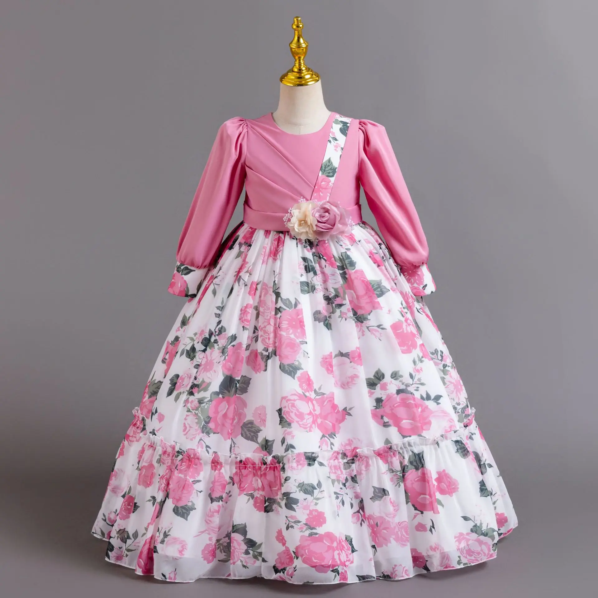 Girl Floral Print Dress for Elegant Party Girls Holiday Dresses Girl's Ceremonial Clothing Long Sleeve 4 to 12 Years