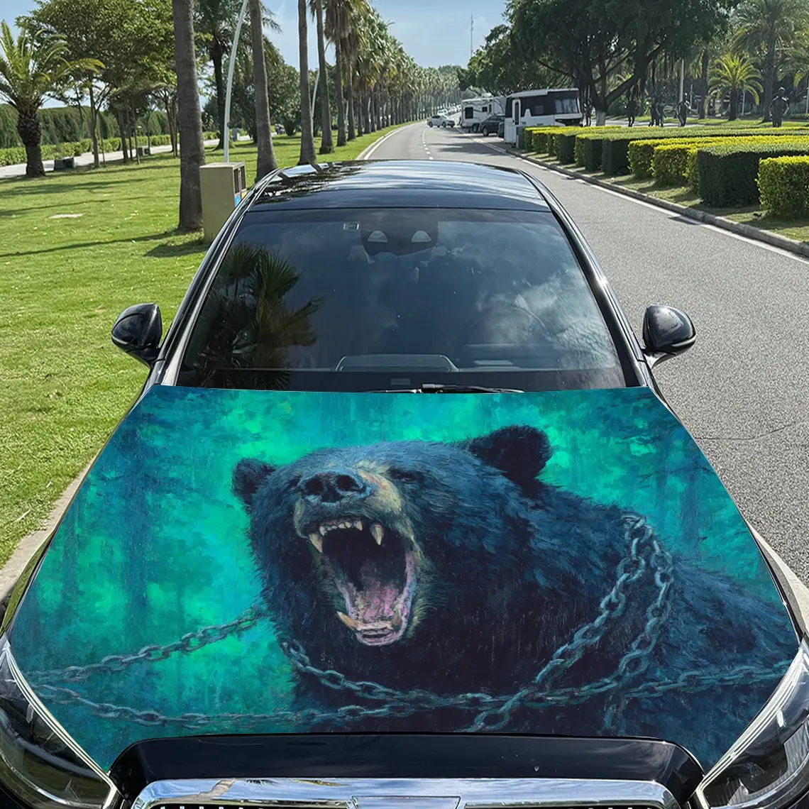 Car Decals Roaring Bear in Chains with Dynamic Teal Background Car Hood Sticker, Waterproof Self - Adhesive Vinyl Graphics Decal