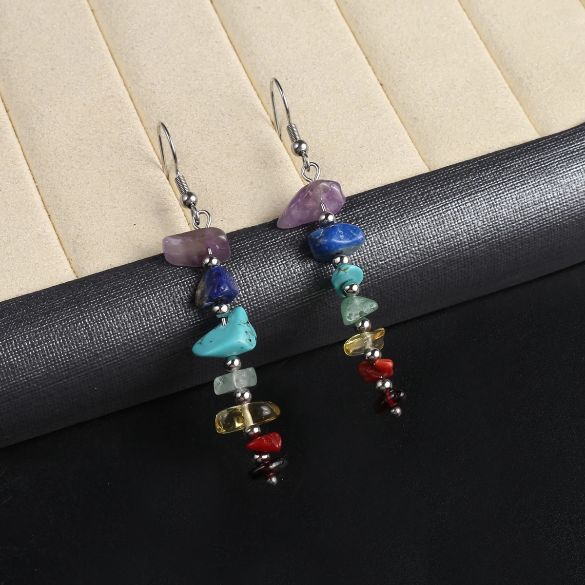 Healing Reiki 7 Chakra Natural Crystal Stone Chip Dangle Earring Amethyst Gravel Drop Earrings Jewelry Ear Studs