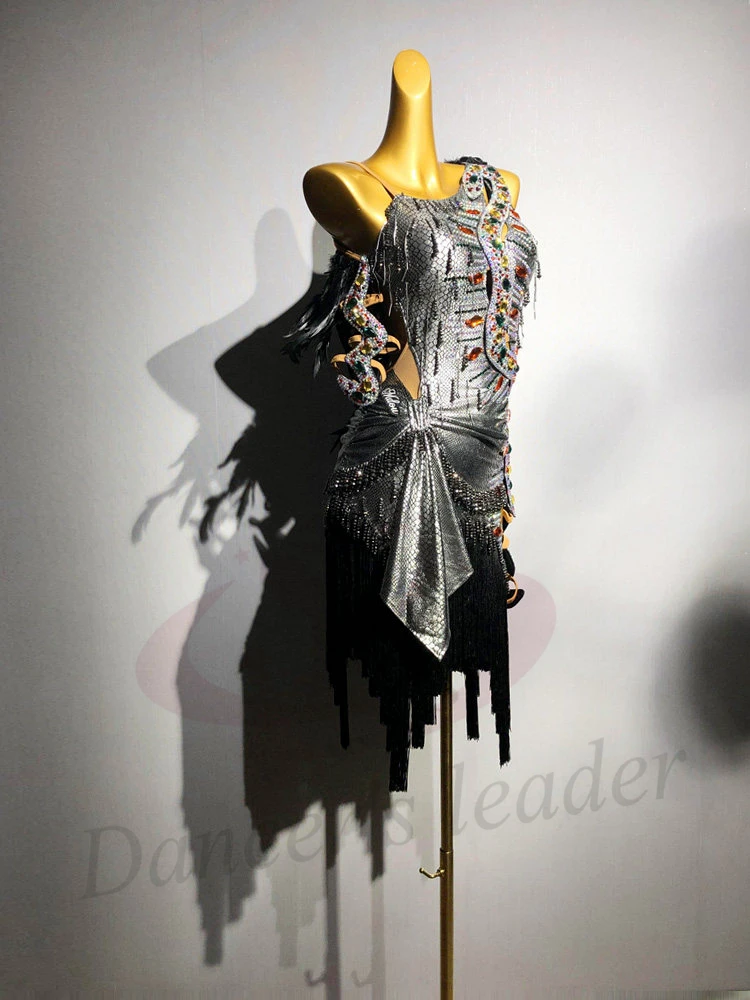 

Latin Dance Adult Children'S Dress AB Stone High-End Custom Silver Dress Feather Back Precisely Tango Women'S Clothing