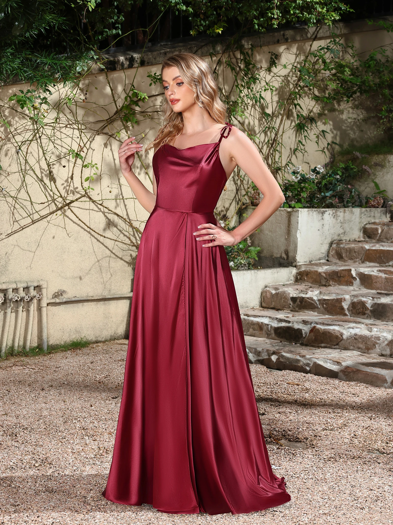 MisShow Long Bridesmaid Dresses Adjustable Spaghetti Straps Backless Sling Evening Dress Satin A-line High Split Party Gowns