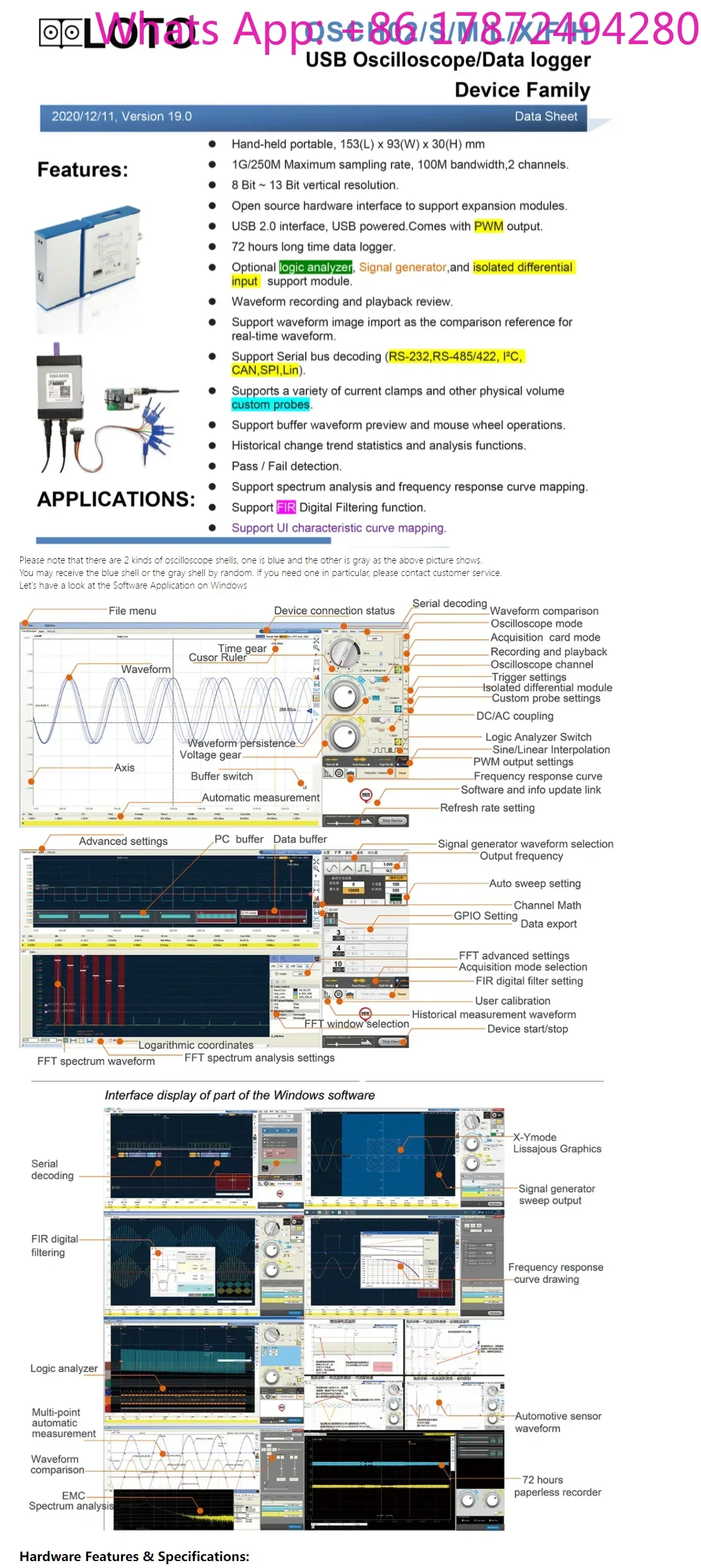 OSCH02 Series Oscilloscope, USB, PC, 1GS/s, BW 100MHz, 2-Channel, 5 in 1, 8 ~ 13 Bit Vertical Resolution, Protocols Decodin
