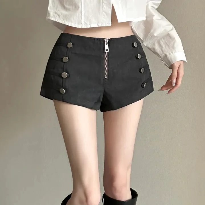 Korean Style Napoleon Double Button Zipper Shorts Retro Spicy Girl Slimming Straight Casual Pants Versatile Mid-Low Waist