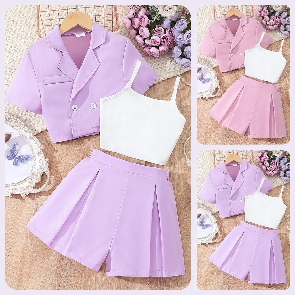 2024 Teen Girl Set Summer Short Sleeve Blazer+Camisole+Shorts Ourfit 8 9 10 11 12 Years Old Fashion Casual Purple Kids Girl Suit