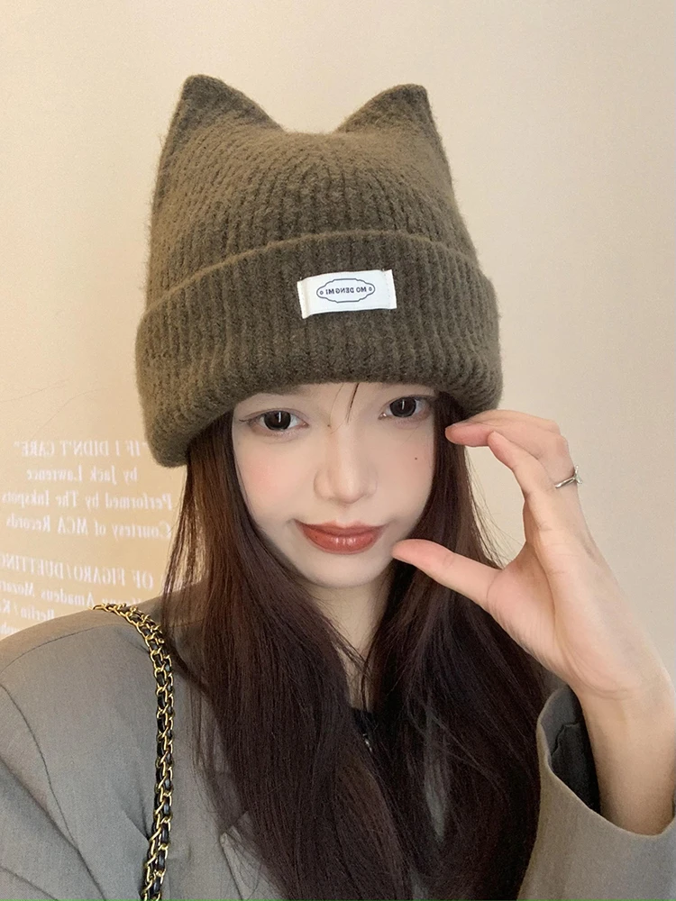 Kitten Ear Woolen Hat Lady's Cute Little Knitted Hats for Autumn Winter Face Display Head Circumference Warm Ear Protection Cap