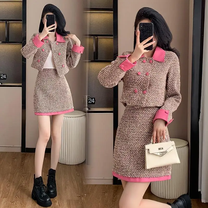 Pink women's coarse tweed 2-pcs set lapel contrasting coat+skirt 2024 new autumn/winter small fragrance style set