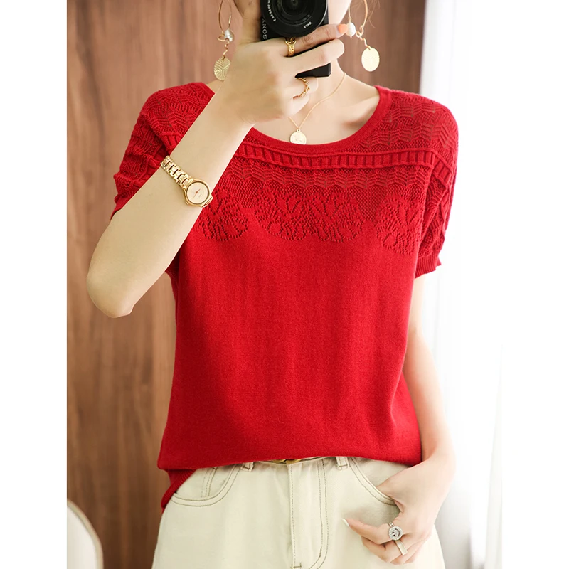 Women 100% Pure Cotton Tees Sweater Short-sleeved Summer New Pullover Vest Ladies O-neck Knitted Loose Hollow Jacquard T-shirt