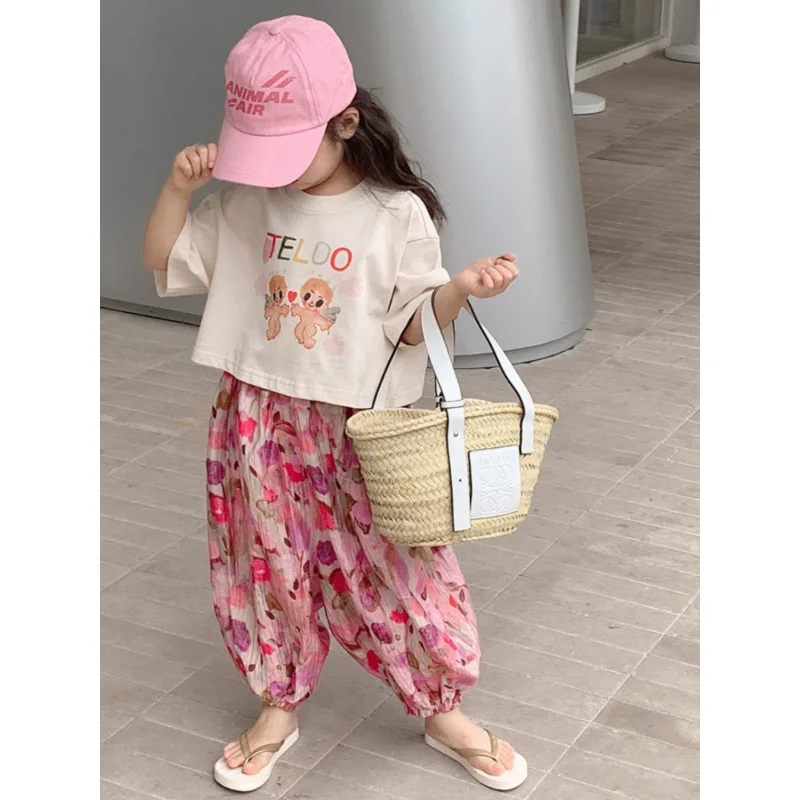 New Girls Short-Sleeved Sets Baby Casual Cute Suit Summer Children\'s Cartoon Fashion Printed Pants Two-Piece 12M-8 Years