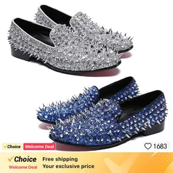 Fashion Blue Bling Spikes Loafers Shoes For Men Luxury Handmade Slip On Mens Dress Shoes Wedding Shoes