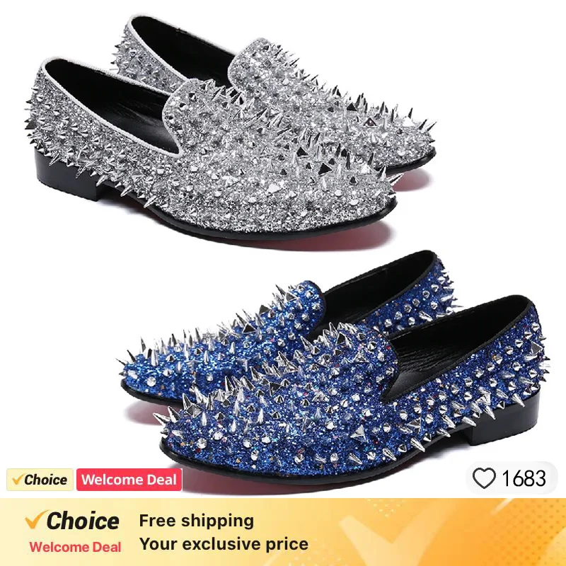 Fashion Silver And Gold Bling Spikes Loafers Shoes For Men Luxury Handmade Slip On Mens Dress Shoes Wedding Shoes