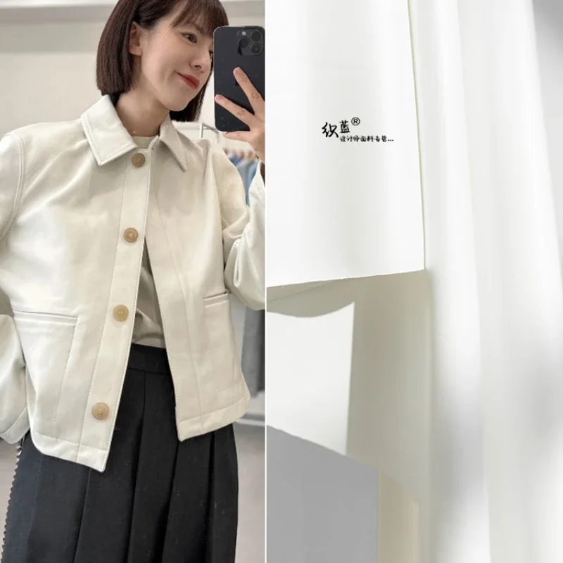 

White PU Leather Fabric Matte Four Sided Elasticity Lambskin for Clothing Designer Diy Sewing Cloth Material By The Meter